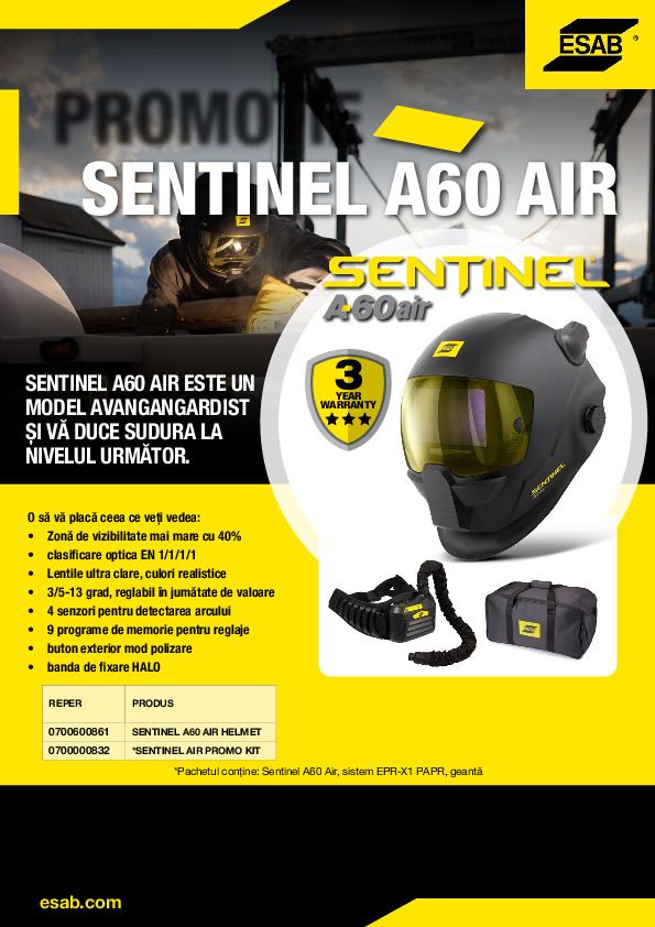 Masca de sudur a cu filtru de aer ESAB SENTINEL™ A60 Air 3
